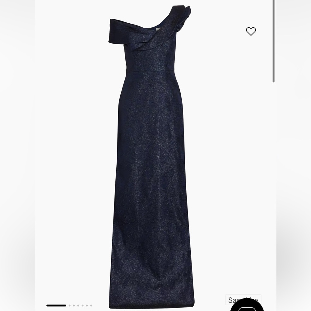 Teri Jon by Rickie Freeman Double Layer Ruffle One Shoulder Jacquard Navy Gown